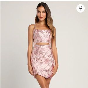 Your Attention Pink Metallic Floral Jacquard Cutout Mini Dress